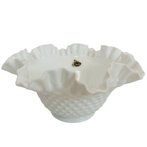 Vintage 1970s Fenton Hobnail White Crimped Milkglass Ruffled 9" Diameter Bowl